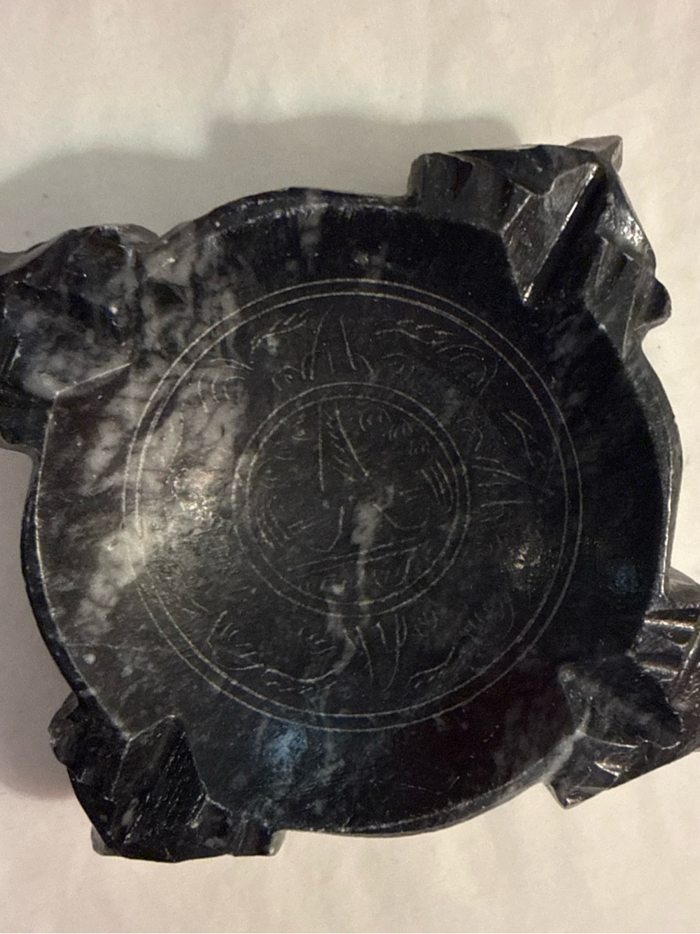 Vintage Hand Carved Ashtray Black Marble Stone Mayan Aztec 4 Rest Grey Black